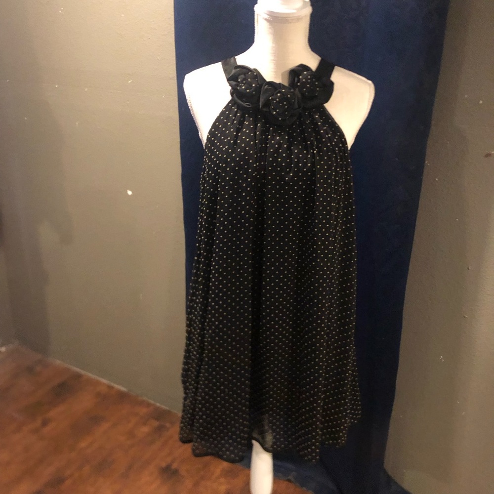 Babydoll Black/ tan polka dot dress. 3 fabric flowers on neck. Blackneck tie.